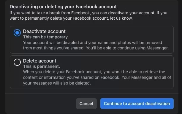 Facebook Deactivate or Delete Account