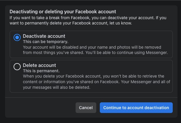 Facebook Deactivate Or Delete Account
